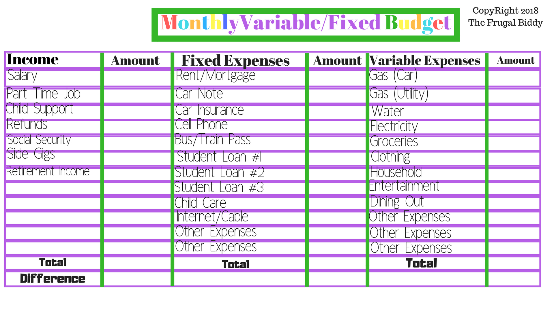 Monthly Variable Fixed Budget Worksheet